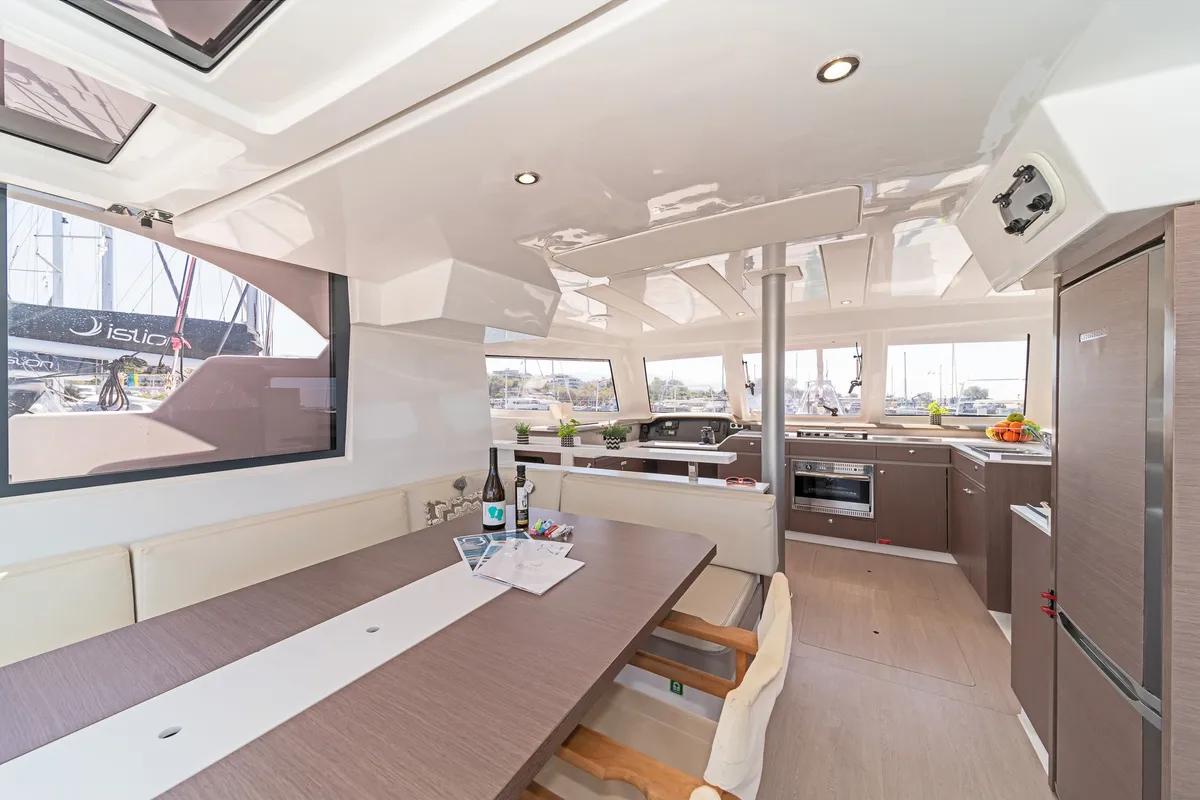 Salon of Duende, a Bali Catspace catamaran at Athens, Greece