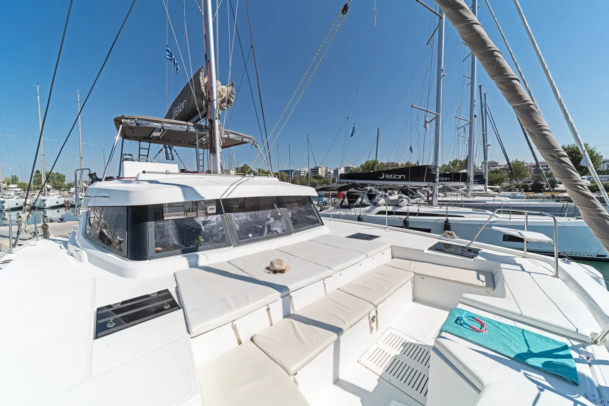 Deck of Duende, a Bali Catspace catamaran at Athens, Greece
