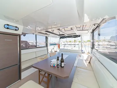 Salon of Duende, a Bali Catspace catamaran at Athens, Greece
