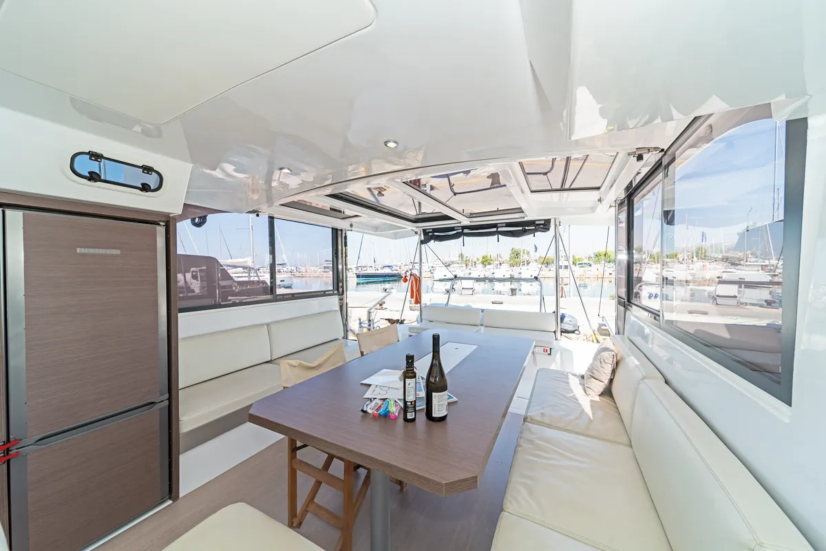 Salon of Duende, a Bali Catspace catamaran at Athens, Greece