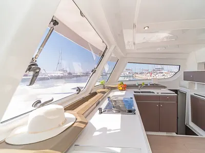 Galley of Duende, a Bali Catspace catamaran at Athens, Greece