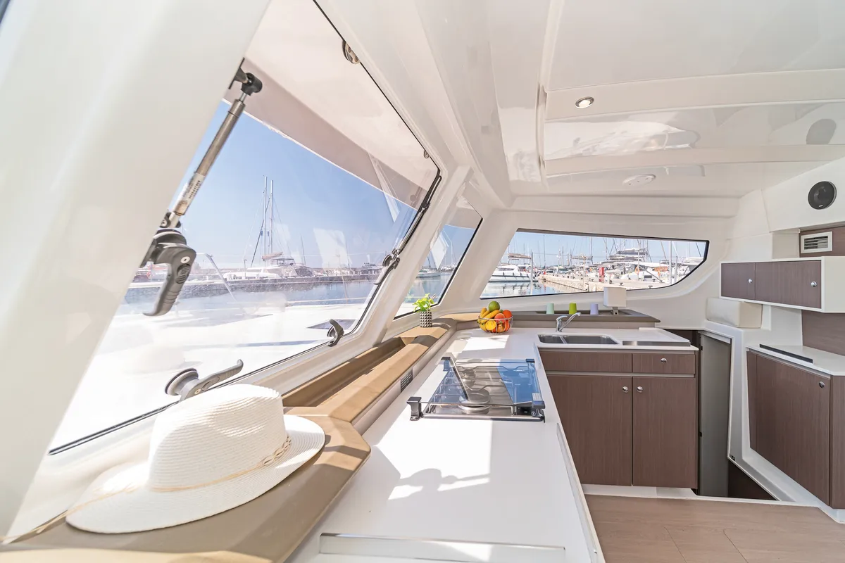 Galley of Duende, a Bali Catspace catamaran at Athens, Greece