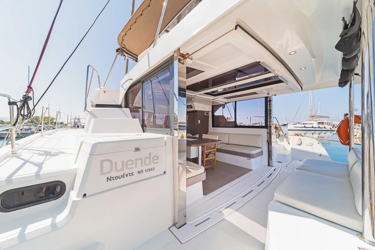 Deck of Duende, a Bali Catspace catamaran at Athens, Greece