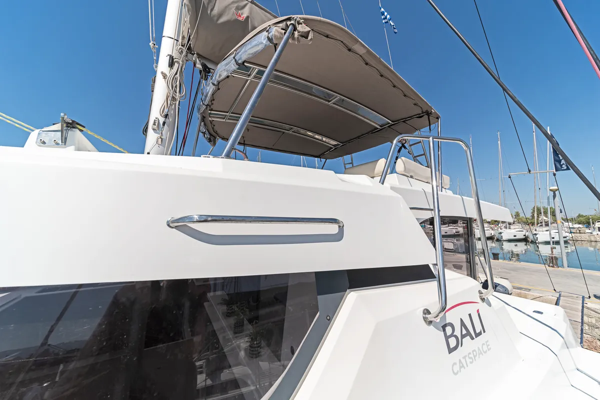 Exterior view of Duende, a Bali Catspace catamaran at Athens, Greece