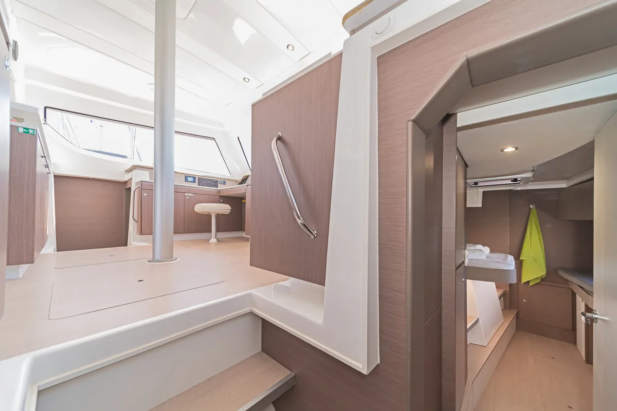 Salon of Duende, a Bali Catspace catamaran at Athens, Greece