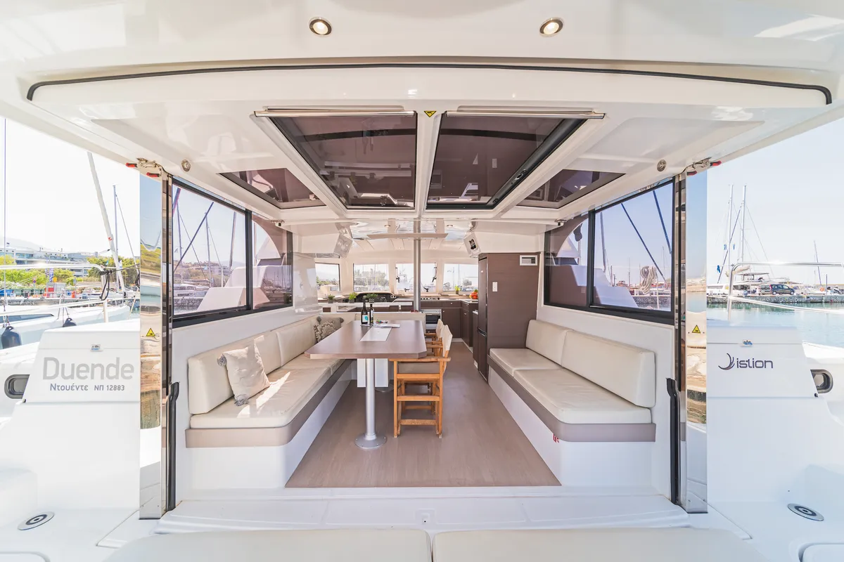 Salon of Duende, a Bali Catspace catamaran at Athens, Greece
