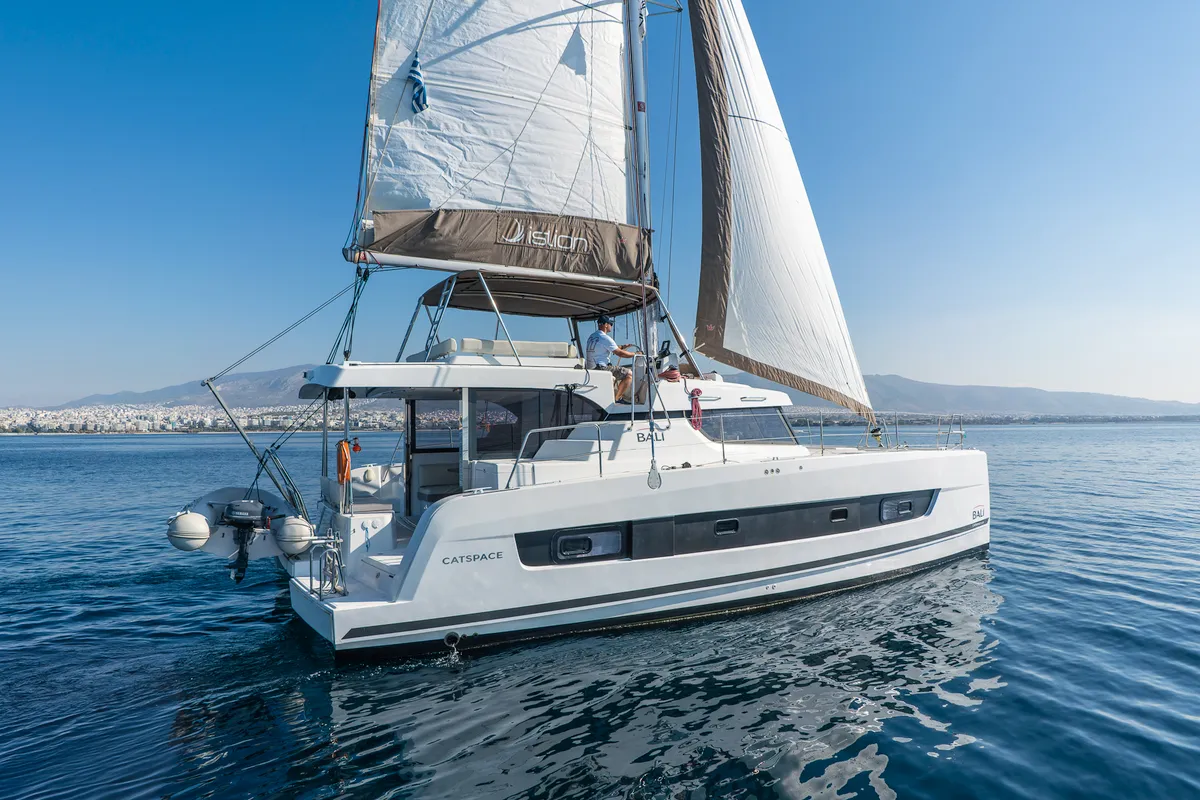 Exterior view of Duende, a Bali Catspace catamaran at Athens, Greece