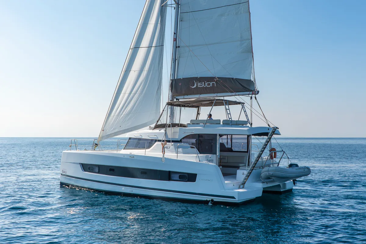 Exterior view of Duende, a Bali Catspace catamaran at Athens, Greece