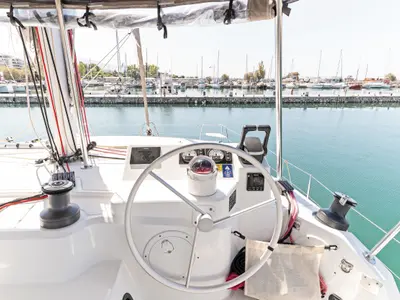 Cockpit of Duende, a Bali Catspace catamaran at Athens, Greece