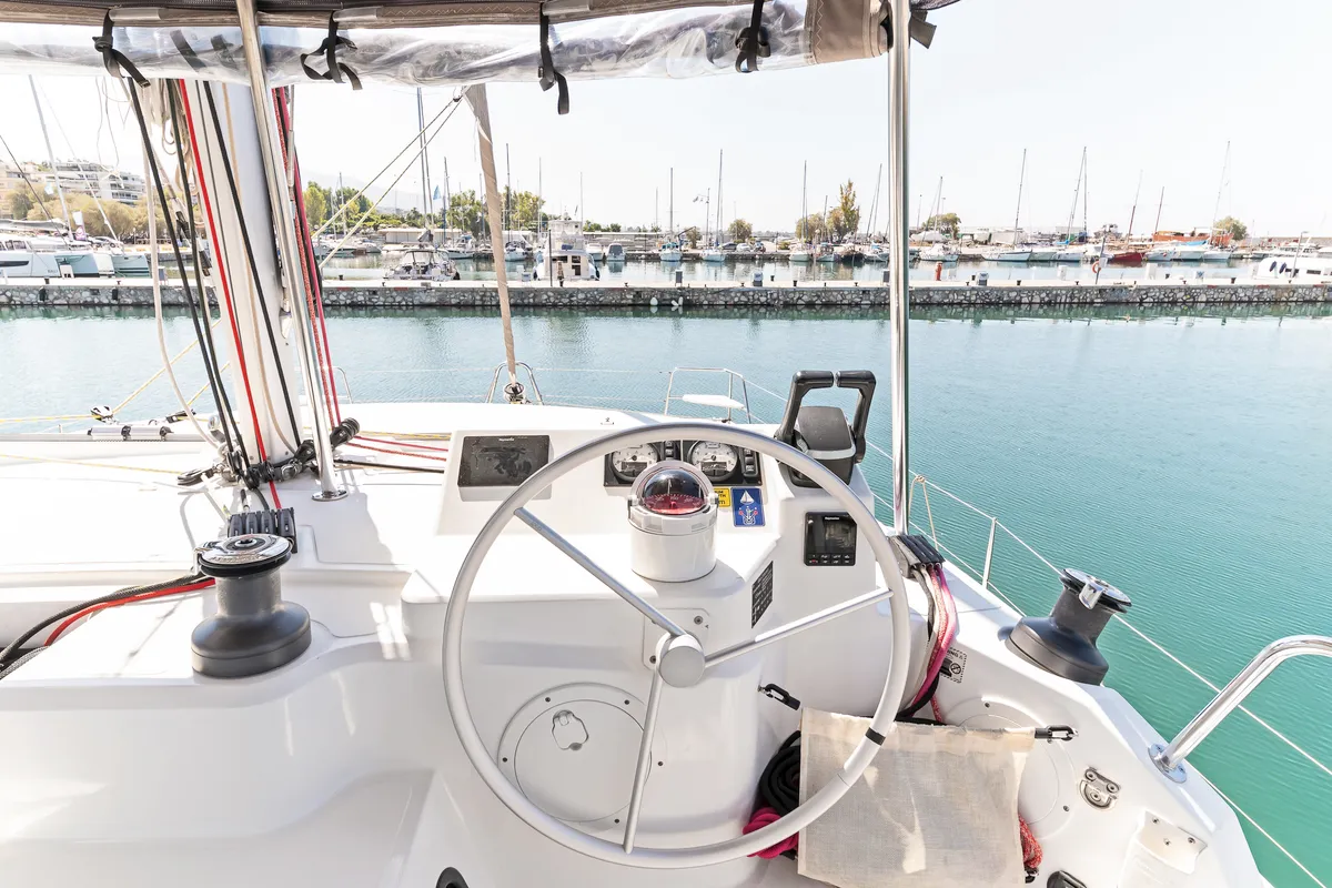 Cockpit of Duende, a Bali Catspace catamaran at Athens, Greece