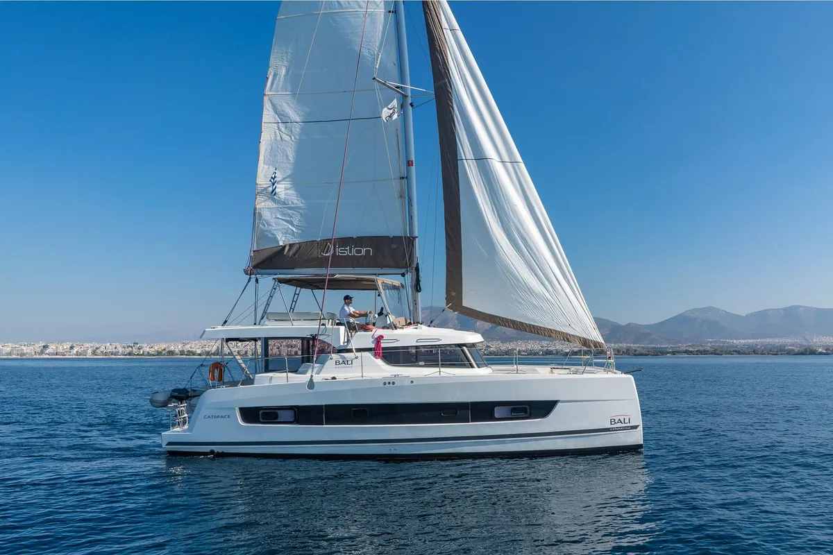 Exterior view of Duende, a Bali Catspace catamaran at Athens, Greece