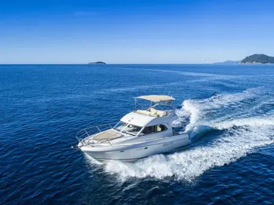 Exterior view of Franchy, a Jeanneau Prestige 36 motor yacht at Split, Croatia