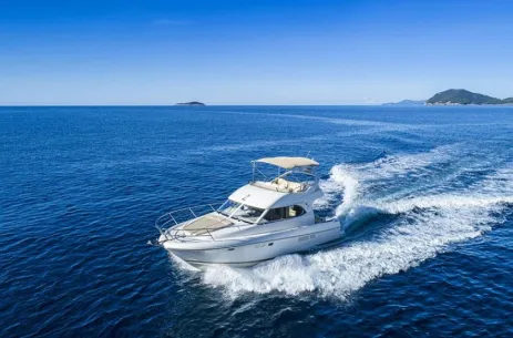 Exterior view of Franchy, a Jeanneau Prestige 36 motor yacht at Split, Croatia