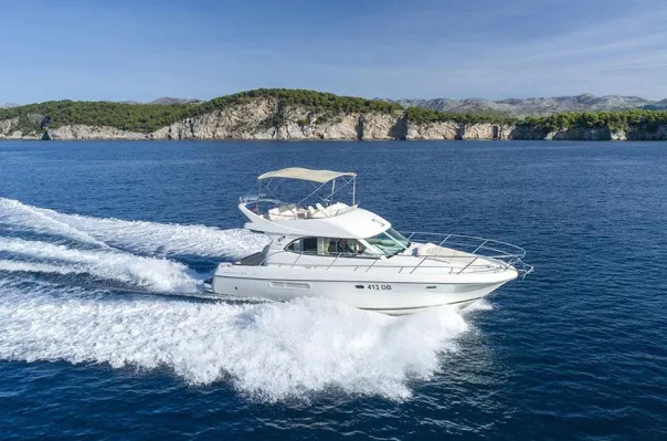 Exterior view of Franchy, a Jeanneau Prestige 36 motor yacht at Split, Croatia