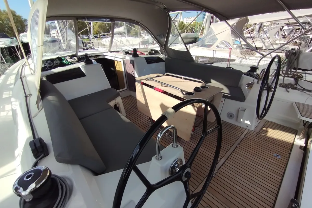 Cockpit of La Mer, a Beneteau Oceanis 40.1 sailboat at Athens, Greece