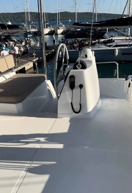 Cockpit of Sunny, a Bali 4.6 catamaran at Grad Trogir, Croatia