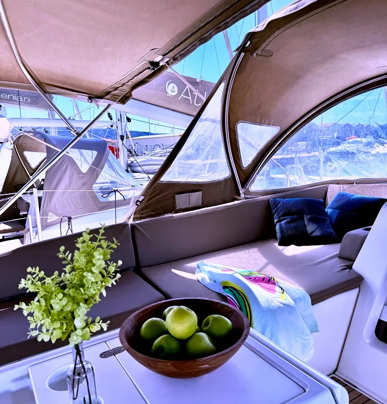 Deck of Our Lady, a Jeanneau 54 sailboat at Kos, Greece