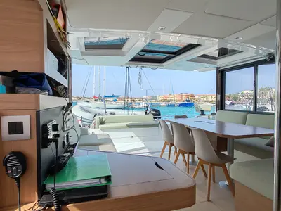 Salon of Cocoon, a Bali Catsmart catamaran at Figari/Golfo Aranci, Italy