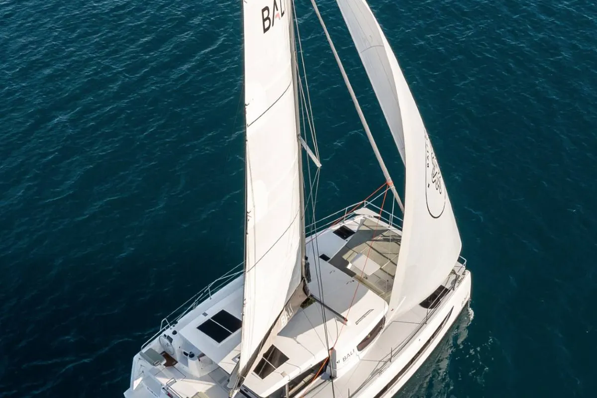 Exterior view of Cocoon, a Bali Catsmart catamaran at Figari/Golfo Aranci, Italy