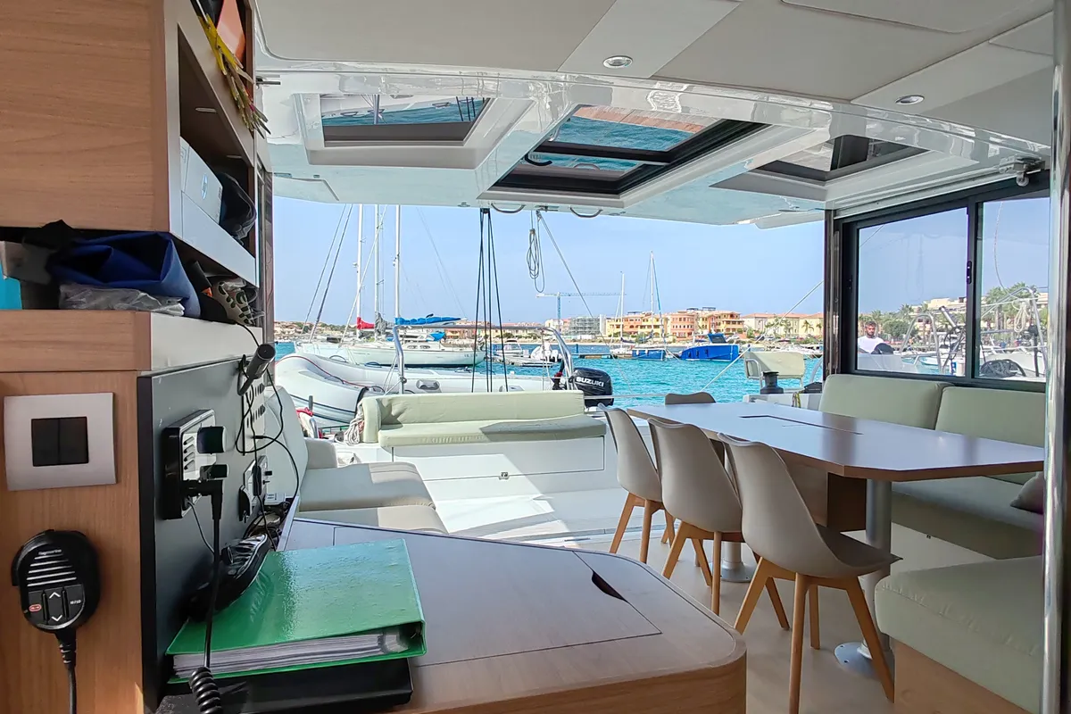 Salon of Cocoon, a Bali Catsmart catamaran at Figari/Golfo Aranci, Italy