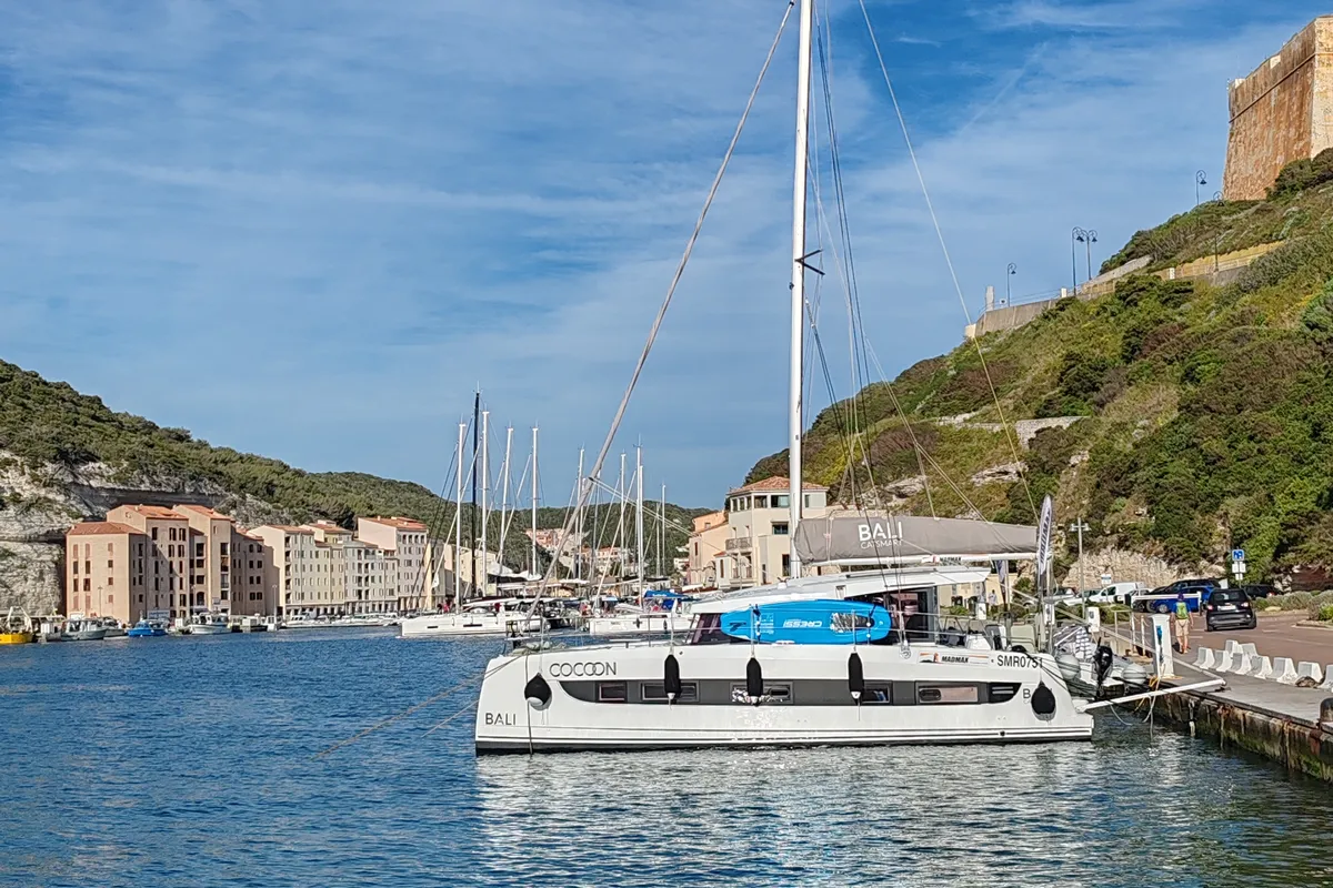 Exterior view of Cocoon, a Bali Catsmart catamaran at Figari/Golfo Aranci, Italy