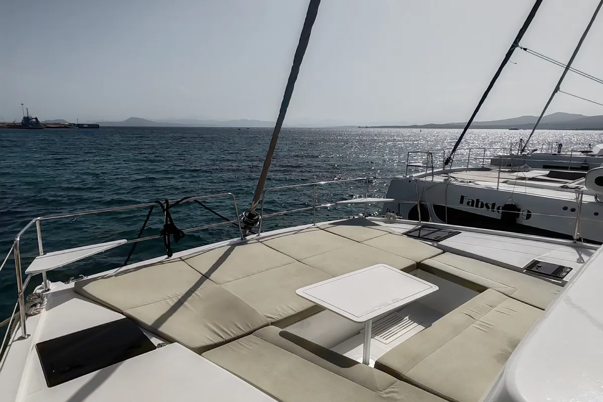 Deck of Cocoon, a Bali Catsmart catamaran at Figari/Golfo Aranci, Italy