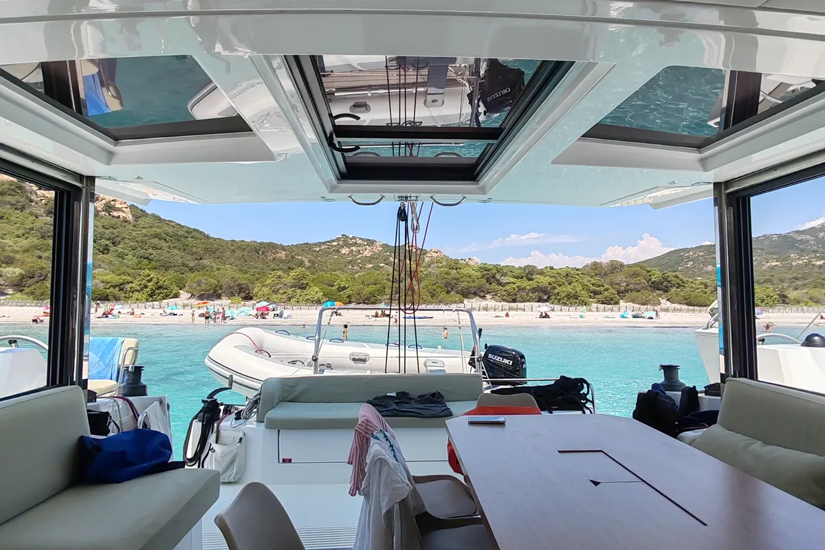 Salon of Cocoon, a Bali Catsmart catamaran at Figari/Golfo Aranci, Italy
