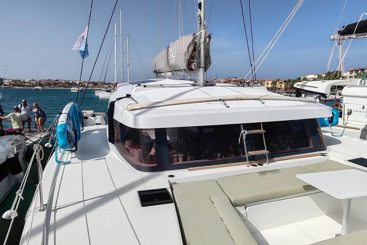 Deck of Cocoon, a Bali Catsmart catamaran at Figari/Golfo Aranci, Italy