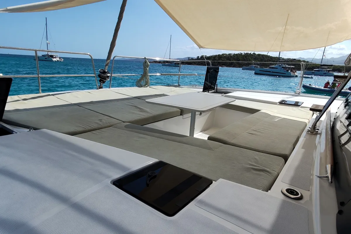 Deck of Cocoon, a Bali Catsmart catamaran at Figari/Golfo Aranci, Italy