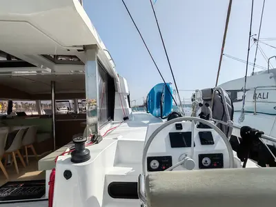 Cockpit of Cocoon, a Bali Catsmart catamaran at Figari/Golfo Aranci, Italy