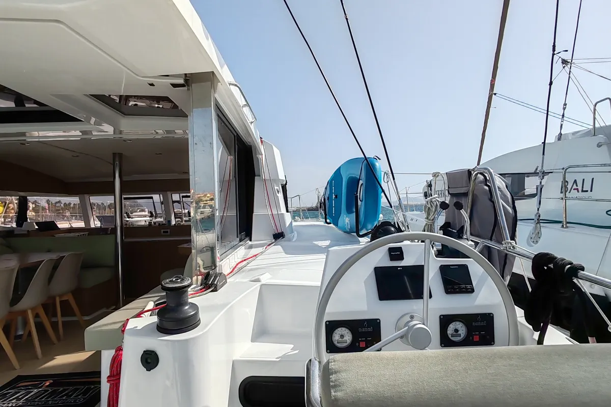 Cockpit of Cocoon, a Bali Catsmart catamaran at Figari/Golfo Aranci, Italy