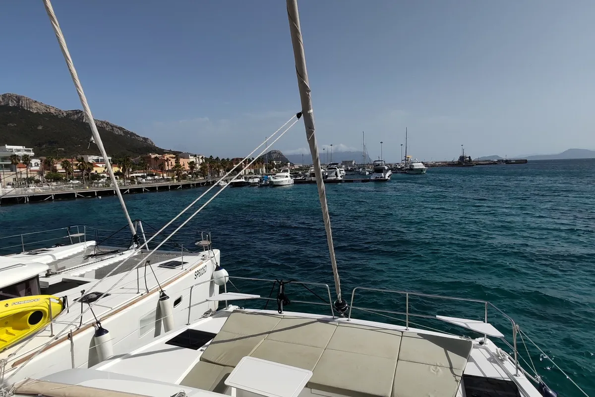 Deck of Cocoon, a Bali Catsmart catamaran at Figari/Golfo Aranci, Italy