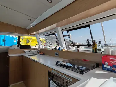Galley of Cocoon, a Bali Catsmart catamaran at Figari/Golfo Aranci, Italy