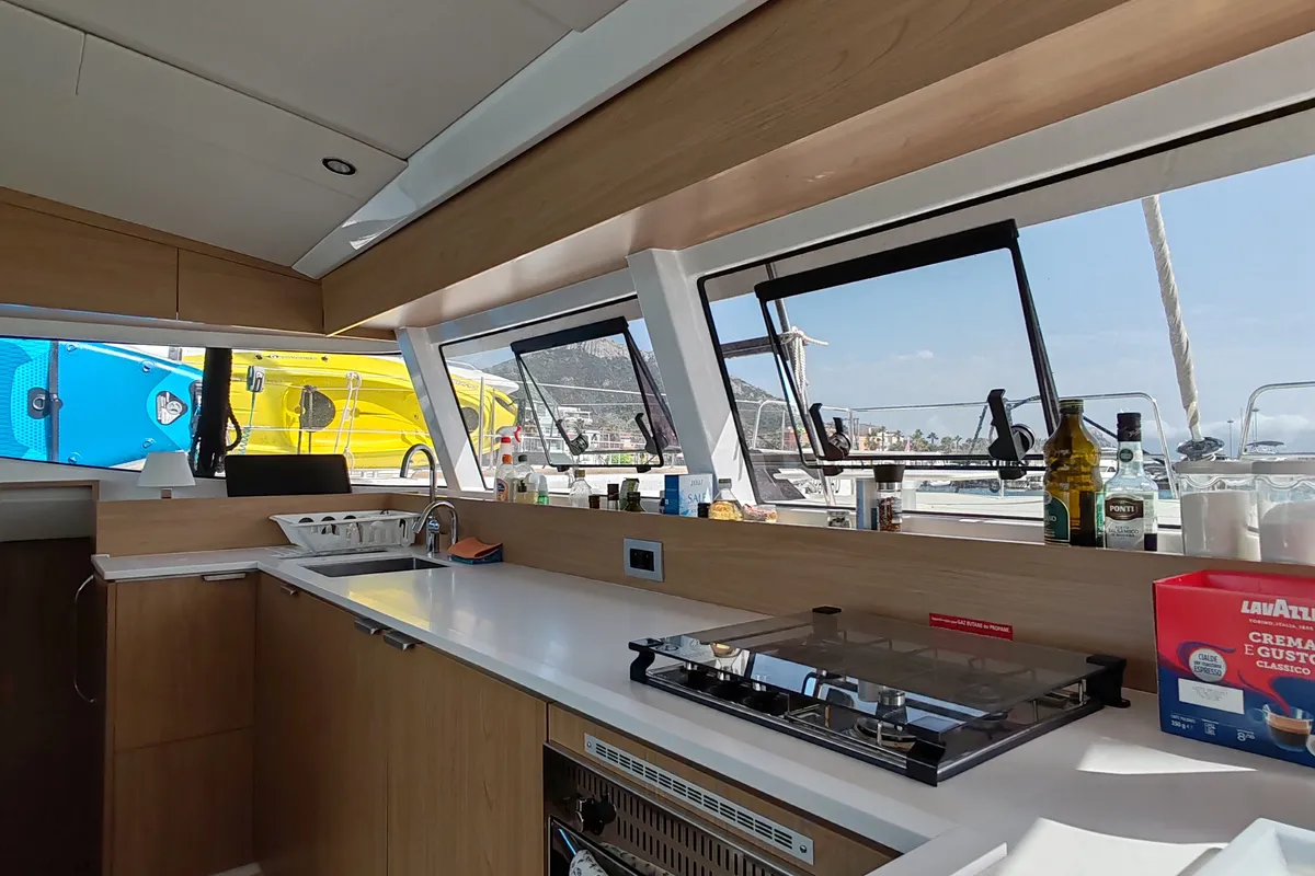 Galley of Cocoon, a Bali Catsmart catamaran at Figari/Golfo Aranci, Italy
