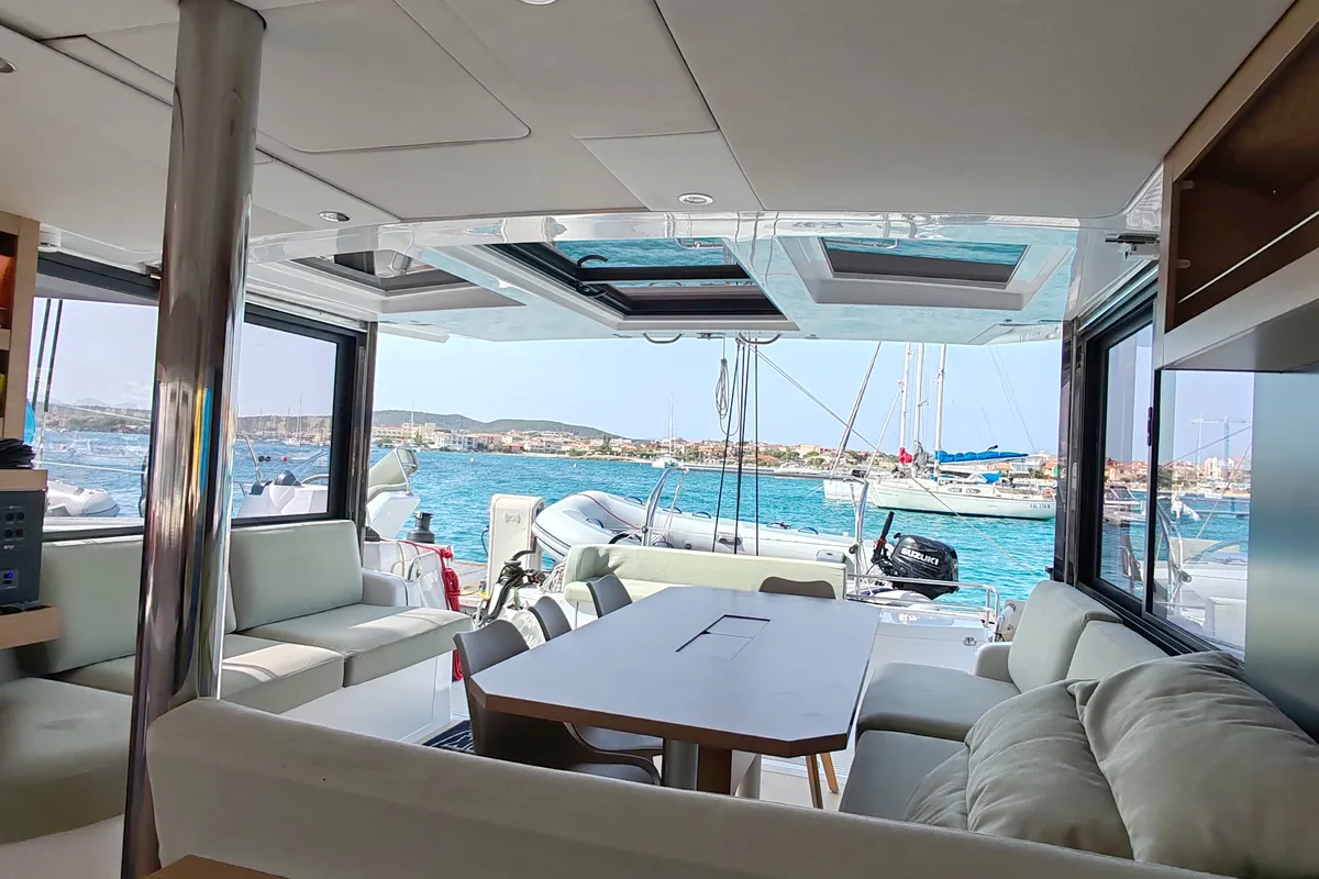 Salon of Cocoon, a Bali Catsmart catamaran at Figari/Golfo Aranci, Italy