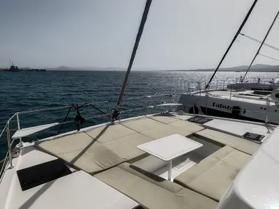 Deck of Cocoon, a Bali Catsmart catamaran at Figari/Golfo Aranci, Italy