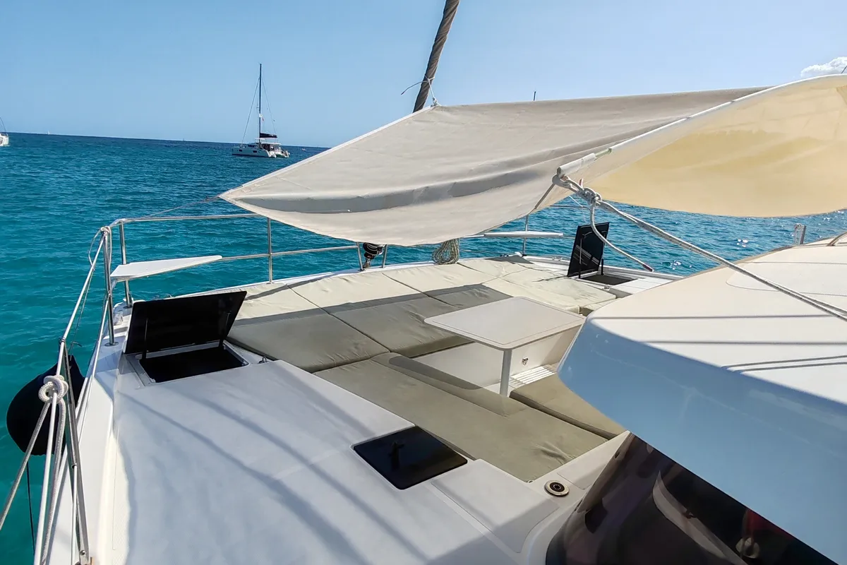 Deck of Cocoon, a Bali Catsmart catamaran at Figari/Golfo Aranci, Italy