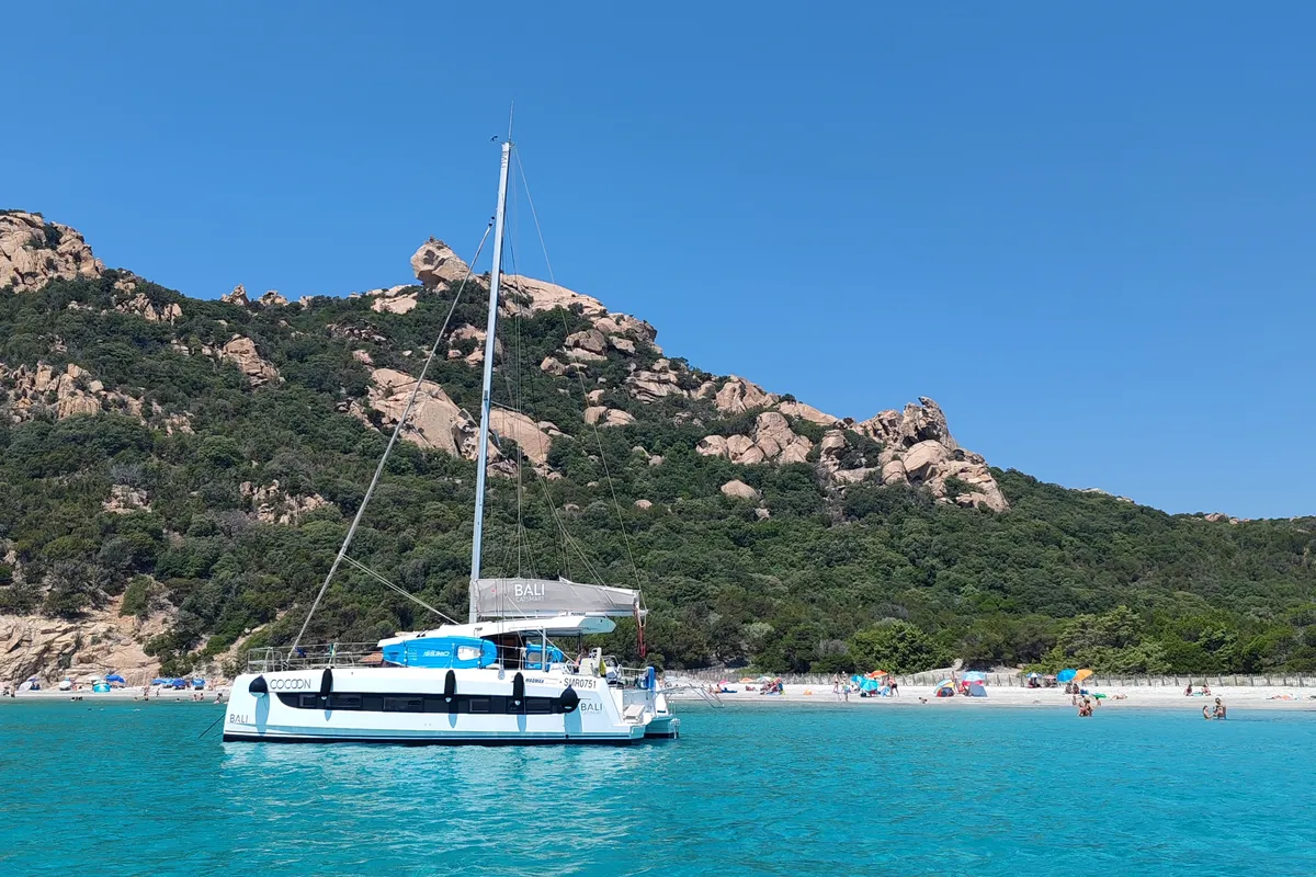 Exterior view of Cocoon, a Bali Catsmart catamaran at Figari/Golfo Aranci, Italy