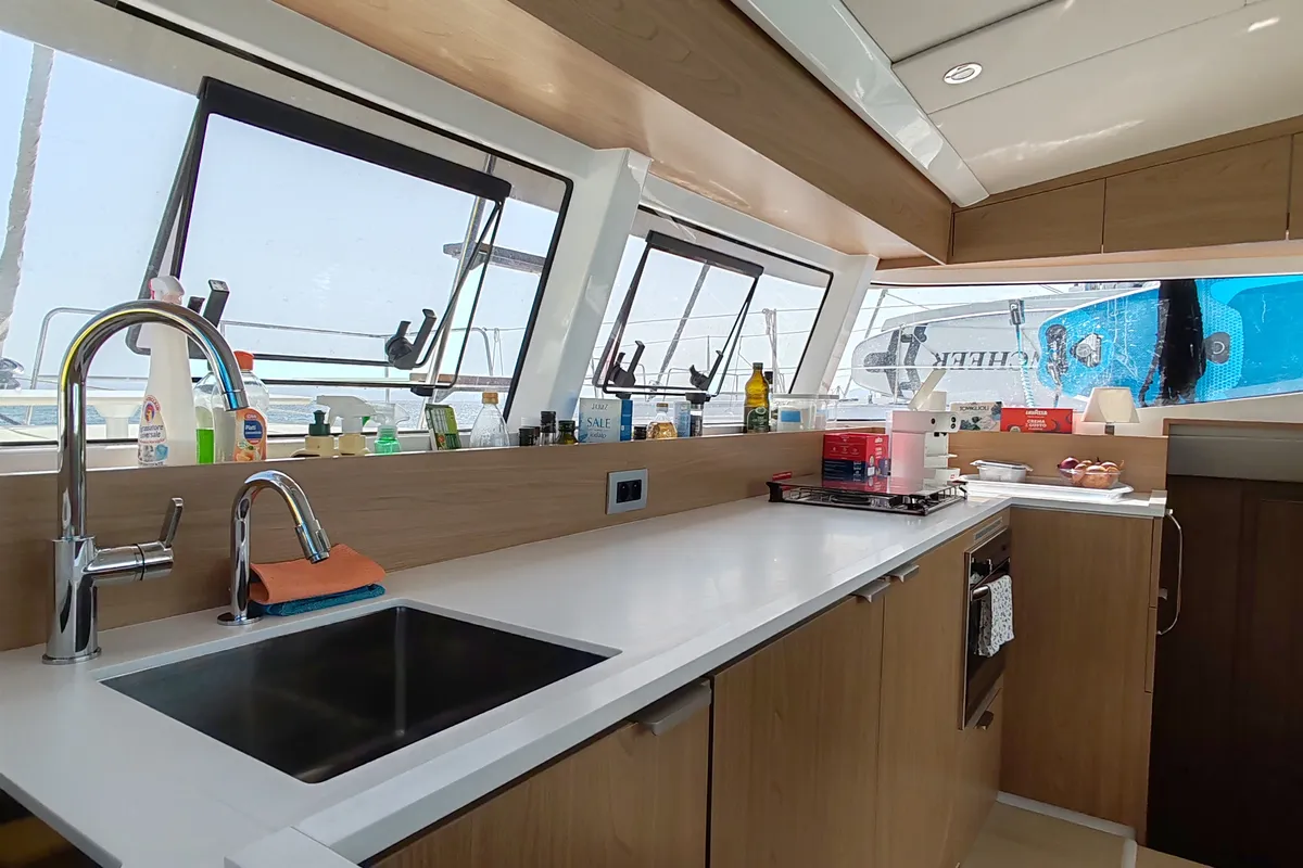Galley of Cocoon, a Bali Catsmart catamaran at Figari/Golfo Aranci, Italy