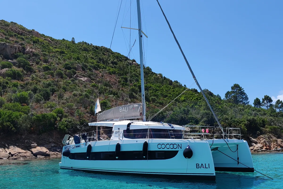 Exterior view of Cocoon, a Bali Catsmart catamaran at Figari/Golfo Aranci, Italy