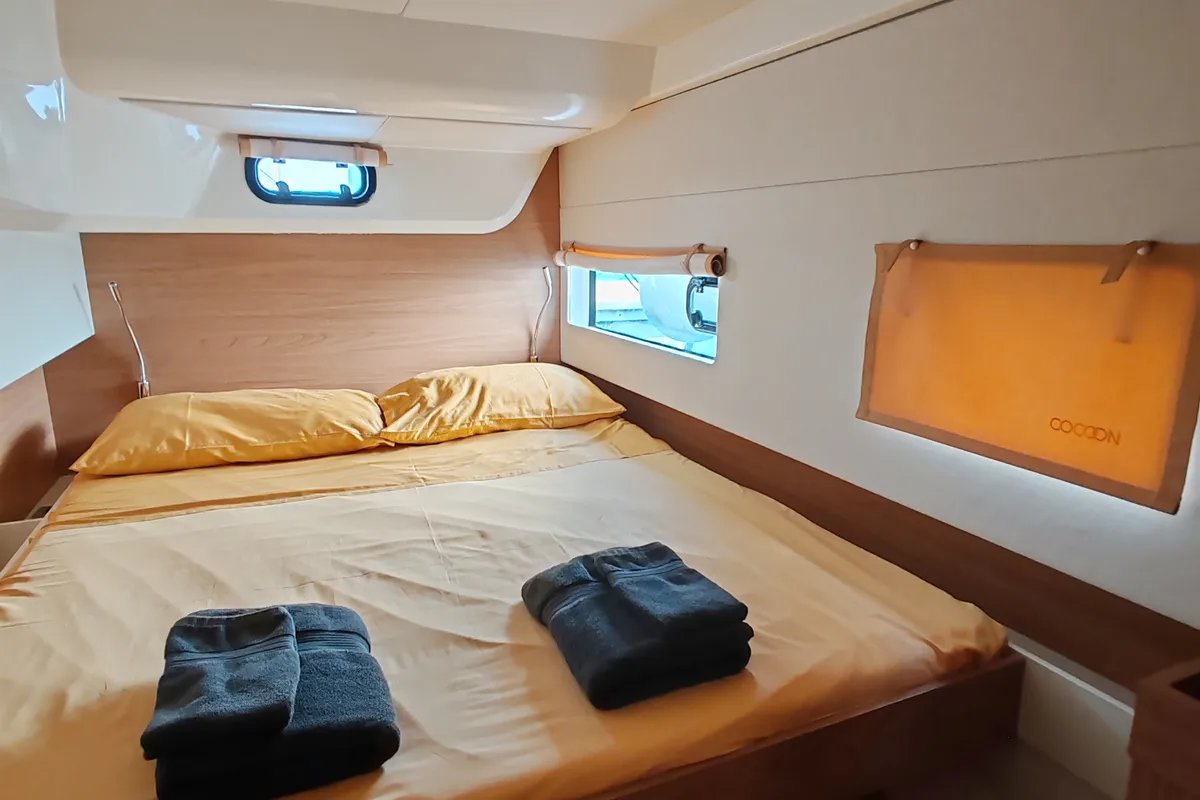 Cabin on Cocoon, a Bali Catsmart catamaran at Figari/Golfo Aranci, Italy