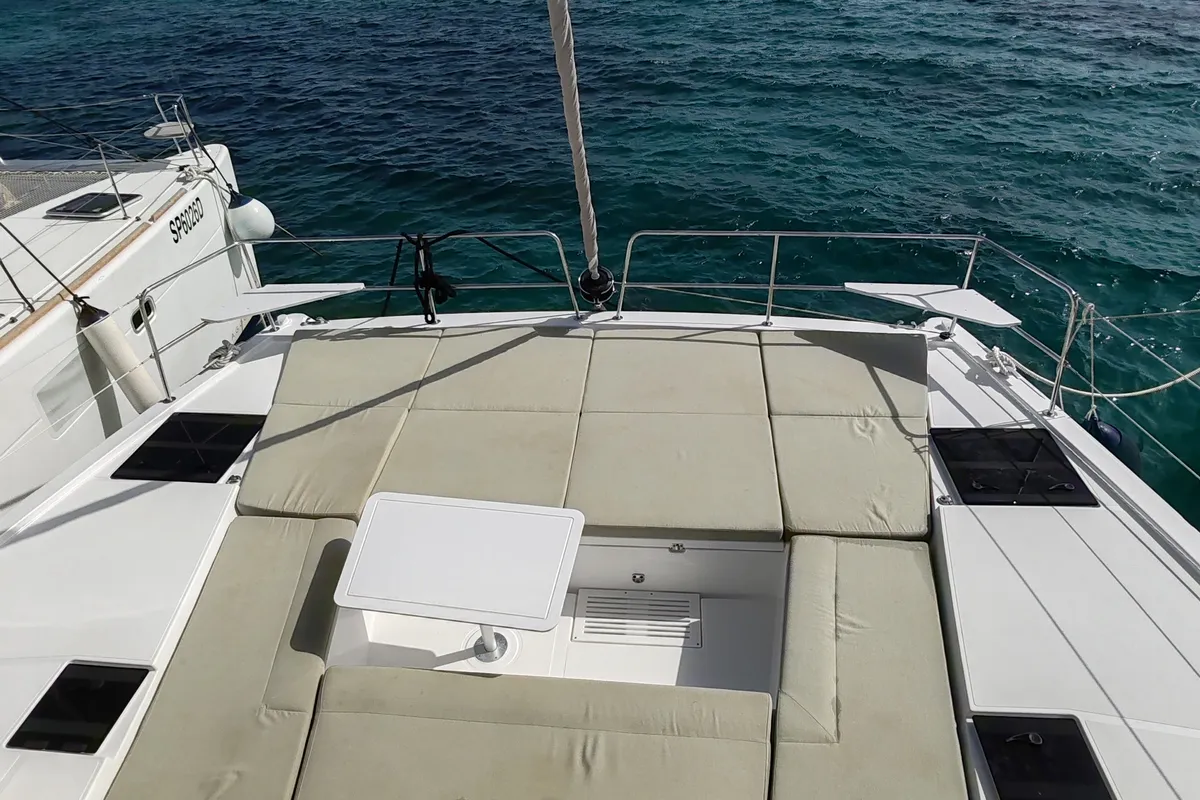 Deck of Cocoon, a Bali Catsmart catamaran at Figari/Golfo Aranci, Italy