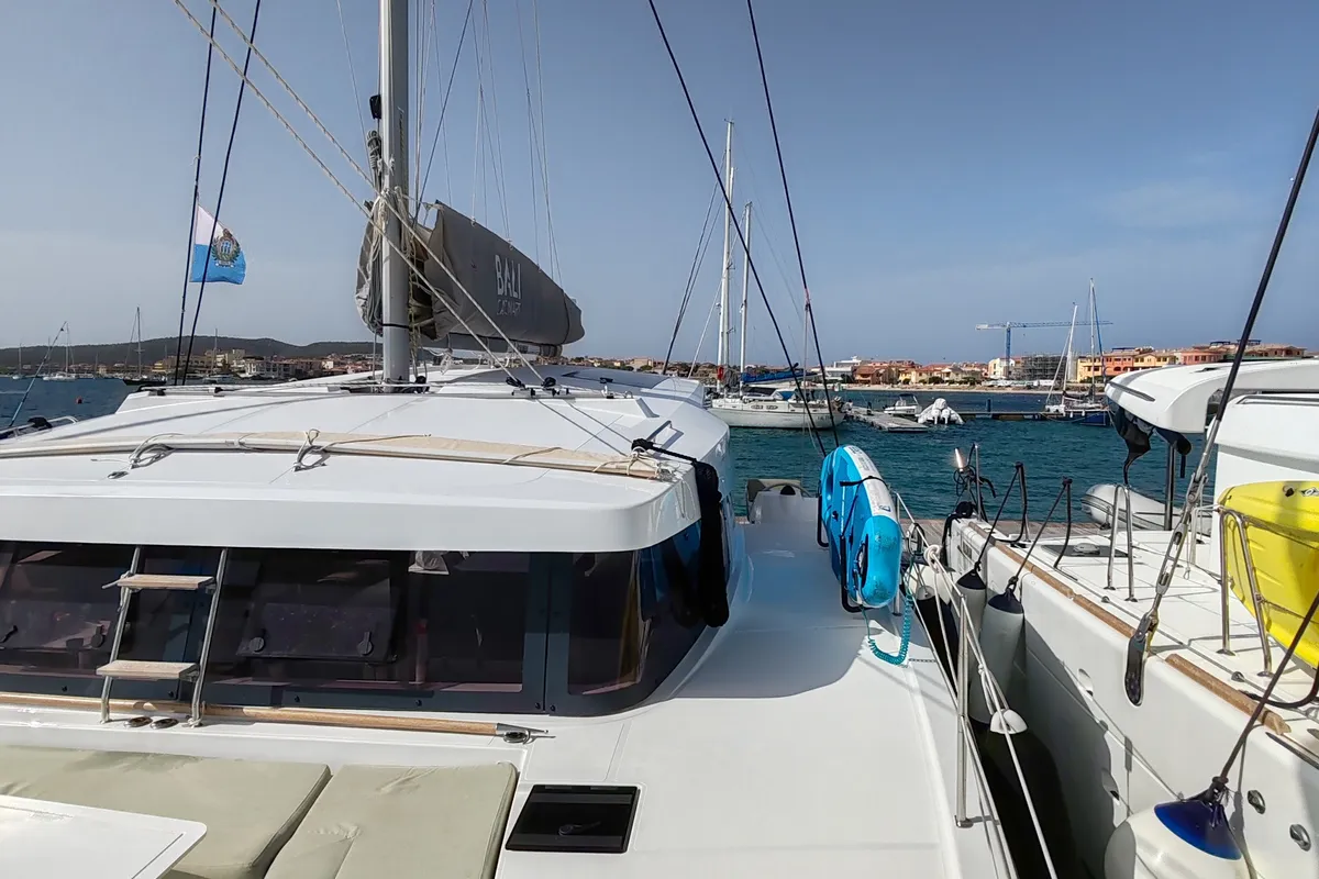 Deck of Cocoon, a Bali Catsmart catamaran at Figari/Golfo Aranci, Italy