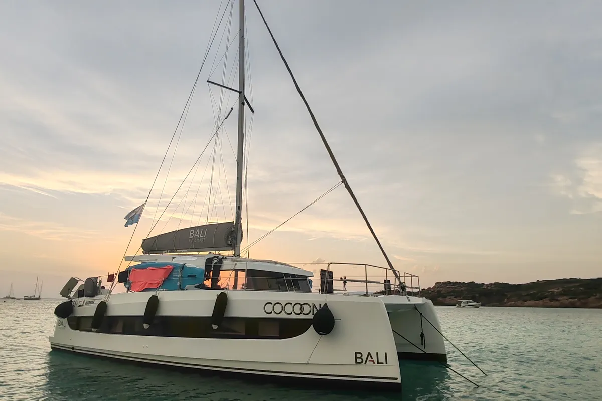 Exterior view of Cocoon, a Bali Catsmart catamaran at Figari/Golfo Aranci, Italy