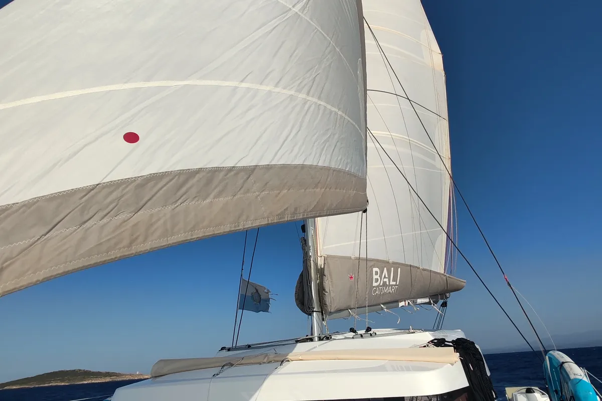 Exterior view of Cocoon, a Bali Catsmart catamaran at Figari/Golfo Aranci, Italy