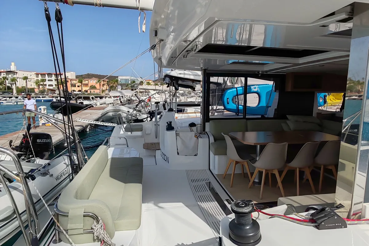 Deck of Cocoon, a Bali Catsmart catamaran at Figari/Golfo Aranci, Italy