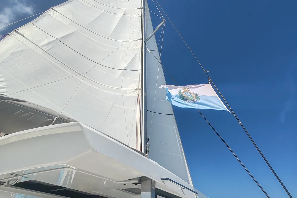 Exterior view of Cocoon, a Bali Catsmart catamaran at Figari/Golfo Aranci, Italy