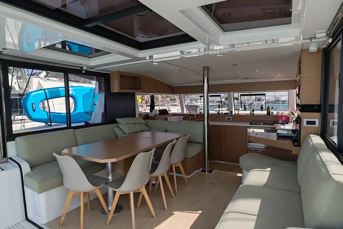 Salon of Cocoon, a Bali Catsmart catamaran at Figari/Golfo Aranci, Italy