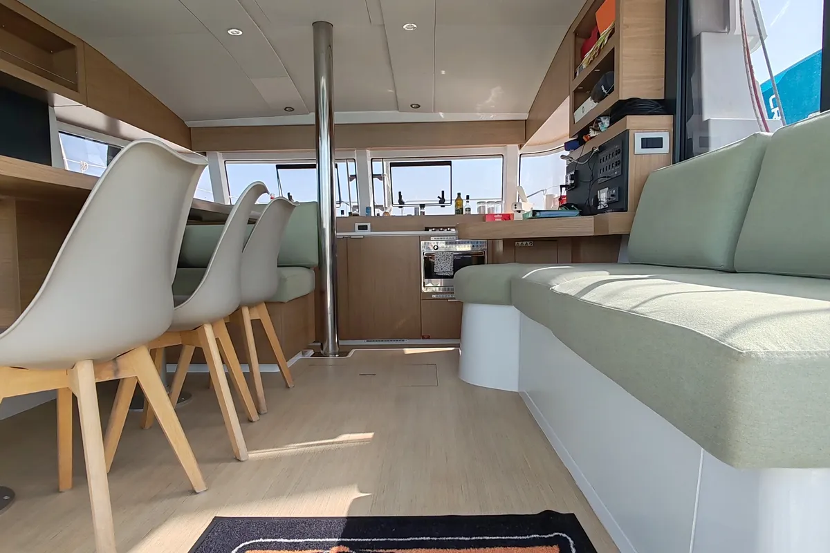 Salon of Cocoon, a Bali Catsmart catamaran at Figari/Golfo Aranci, Italy