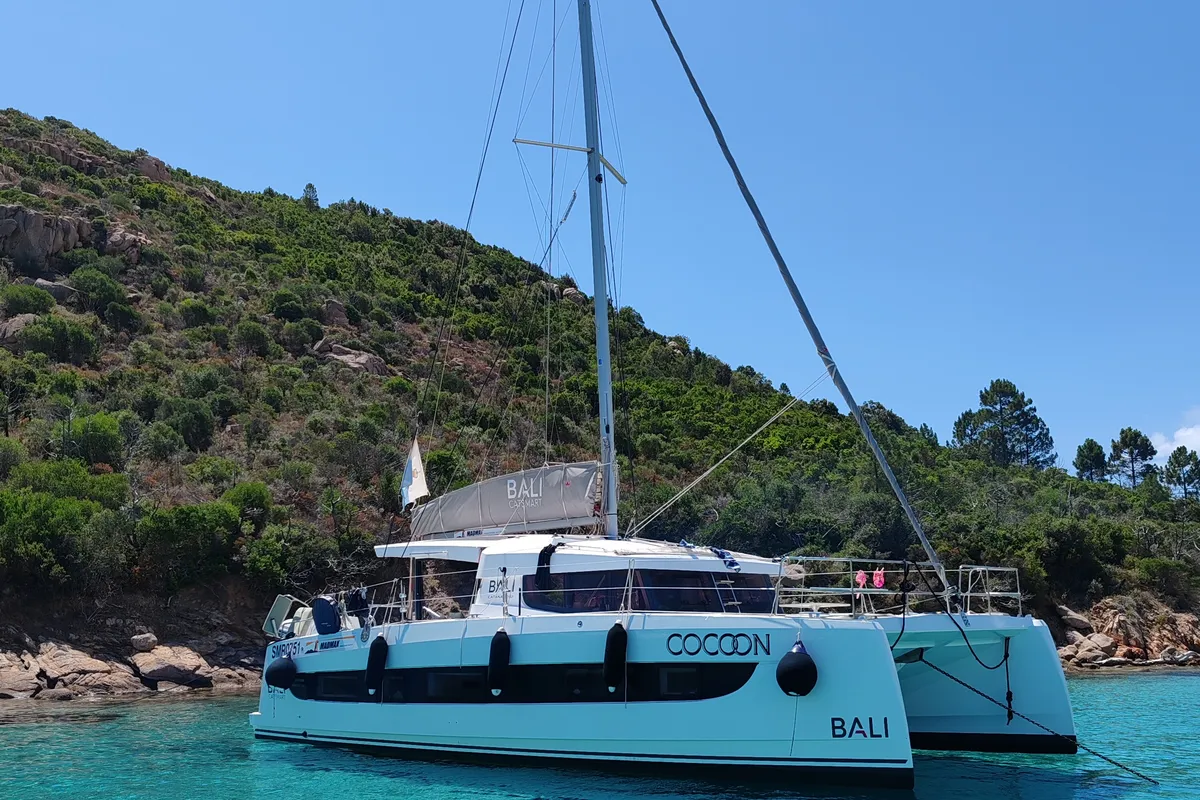 Exterior view of Cocoon, a Bali Catsmart catamaran at Figari/Golfo Aranci, Italy